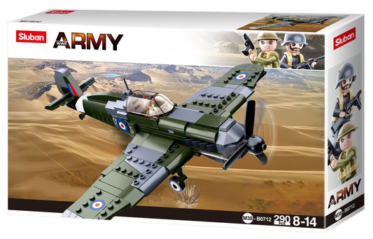 a box of a toy airplane spitfire from ww2 made of building bricks and blocks from sluban australia.
