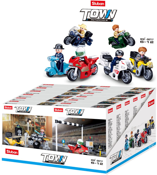 a box of toy motorcycles made of building bricks and blocks from sluban australia.
