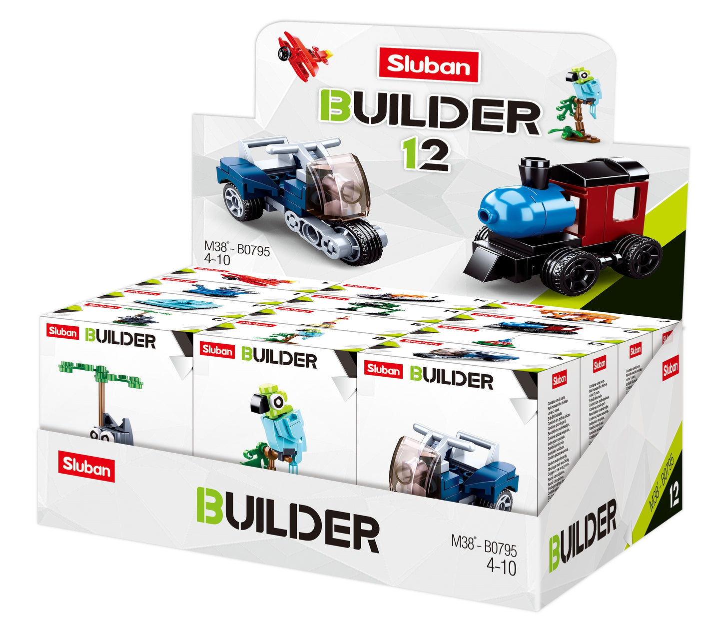 a box of toys from the builder range made up of building blocks and bricks from the sluban australia range.