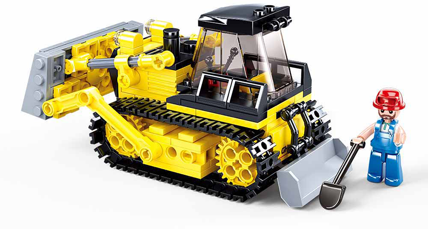 Yellow bulldozer construction vehicle model, Sluban B0802 heavy equipment toy