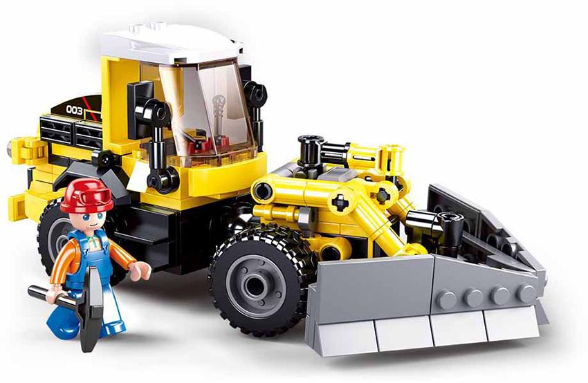 Blue farm tractor with plough model, Sluban B0803 agricultural building set