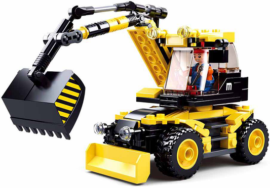 Yellow excavator and lifter model, Sluban B0805 construction vehicle toy