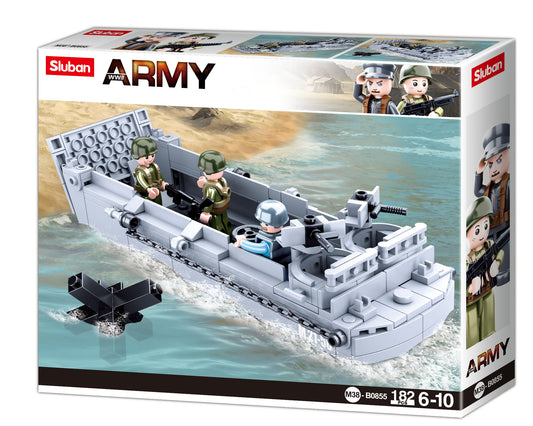 WW2 Higgins landing craft from the army range made up of building bricks and blocks from the sluban australia range. 