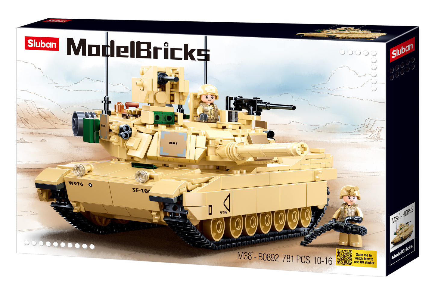 B0892 MODEL BRICKS MB M1A2 V2 ABRAMS MAIN BATTLE TANK  with minifigures made up of building bricks and blocks from sluban Australia. 