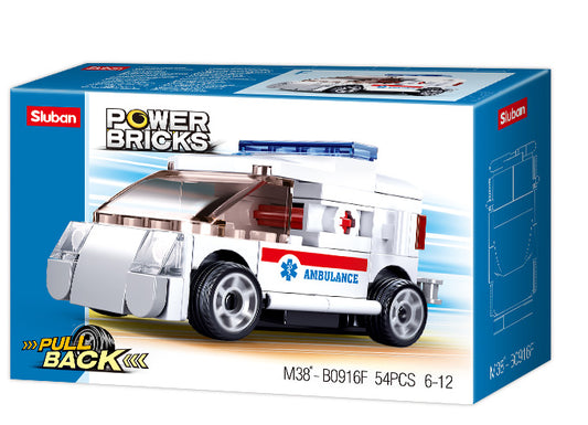 B0916F POWER BRICKS PULL BACK CAR AMBULANCE 54 PCS C64