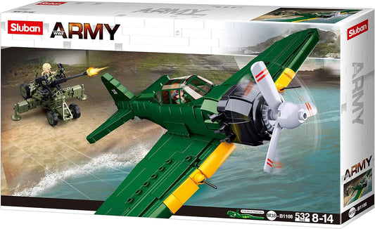 The M38-B1108 Sluban A6M Zero plane from sluban australia with minifigures and machine gun for kids and adults from sluban australia.